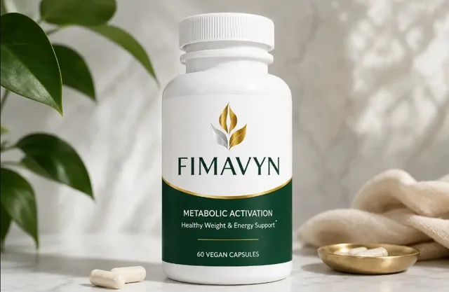 A bottle of FIMAVYN Metabolic Activation, 60 vegan capsules, on a marble surface