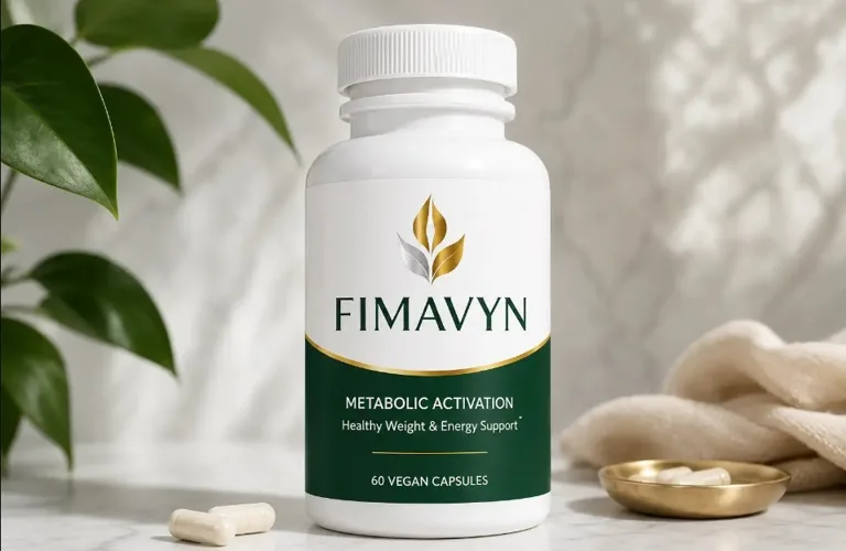 A bottle of FIMAVYN Metabolic Activation, 60 vegan capsules, on a marble surface