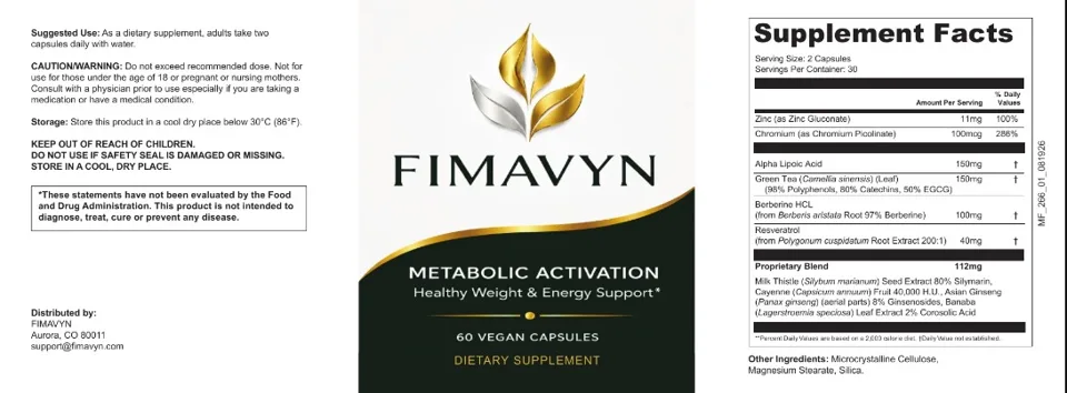 Full FIMAVYN label showing suggested use, warnings and Supplement Facts panel